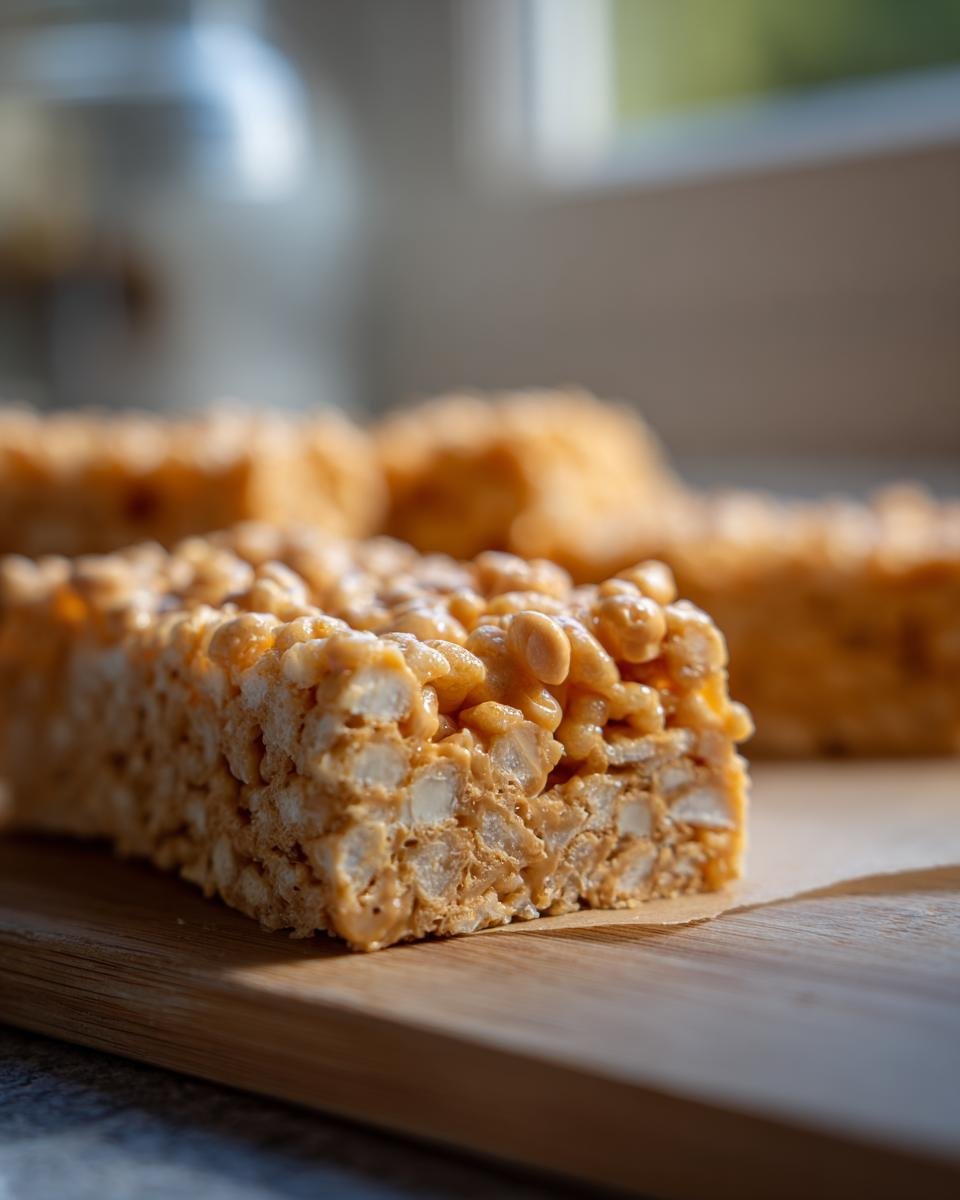 Close-up of a Tiger Bars Butterscotch Rice Krispie Treat on a wooden board, showing the crispy texture.