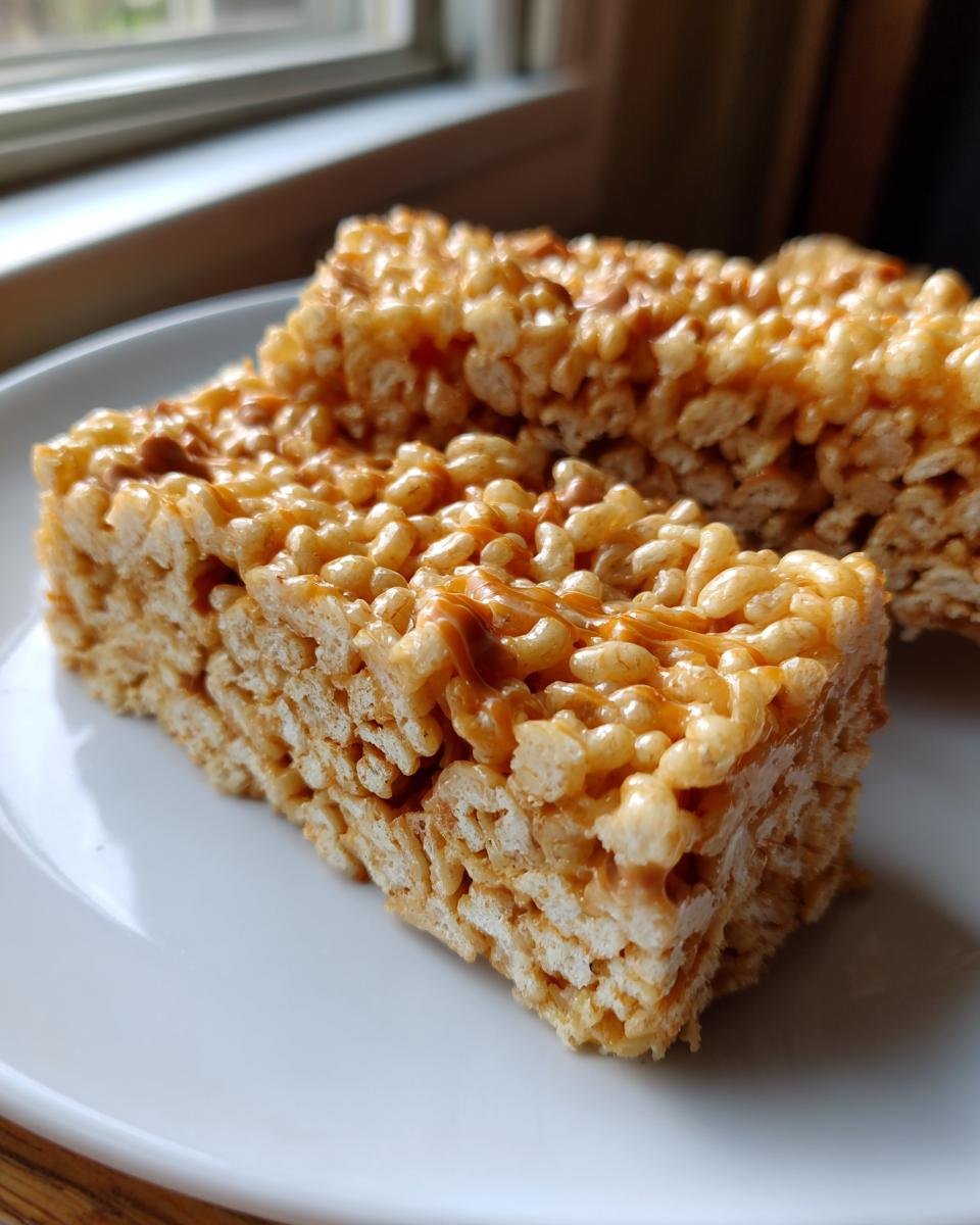 Close-up of two Tiger Bars Butterscotch Rice Krispie Treats on a white plate, drizzled with caramel.