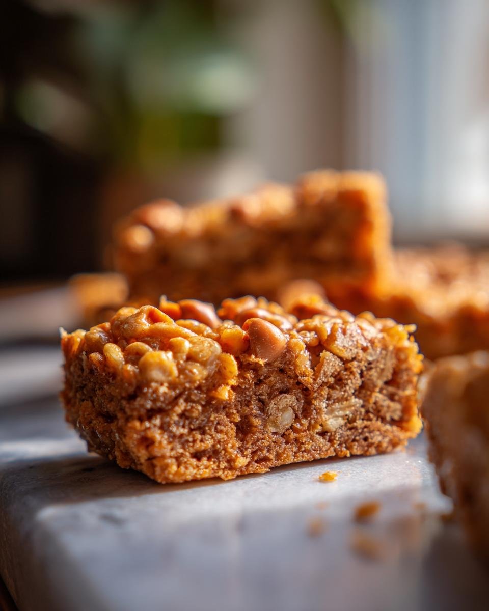 Close-up of a Tiger Bars Butterscotch Rice Krispie Treats bar, showing crispy rice, butterscotch chips, and nuts.