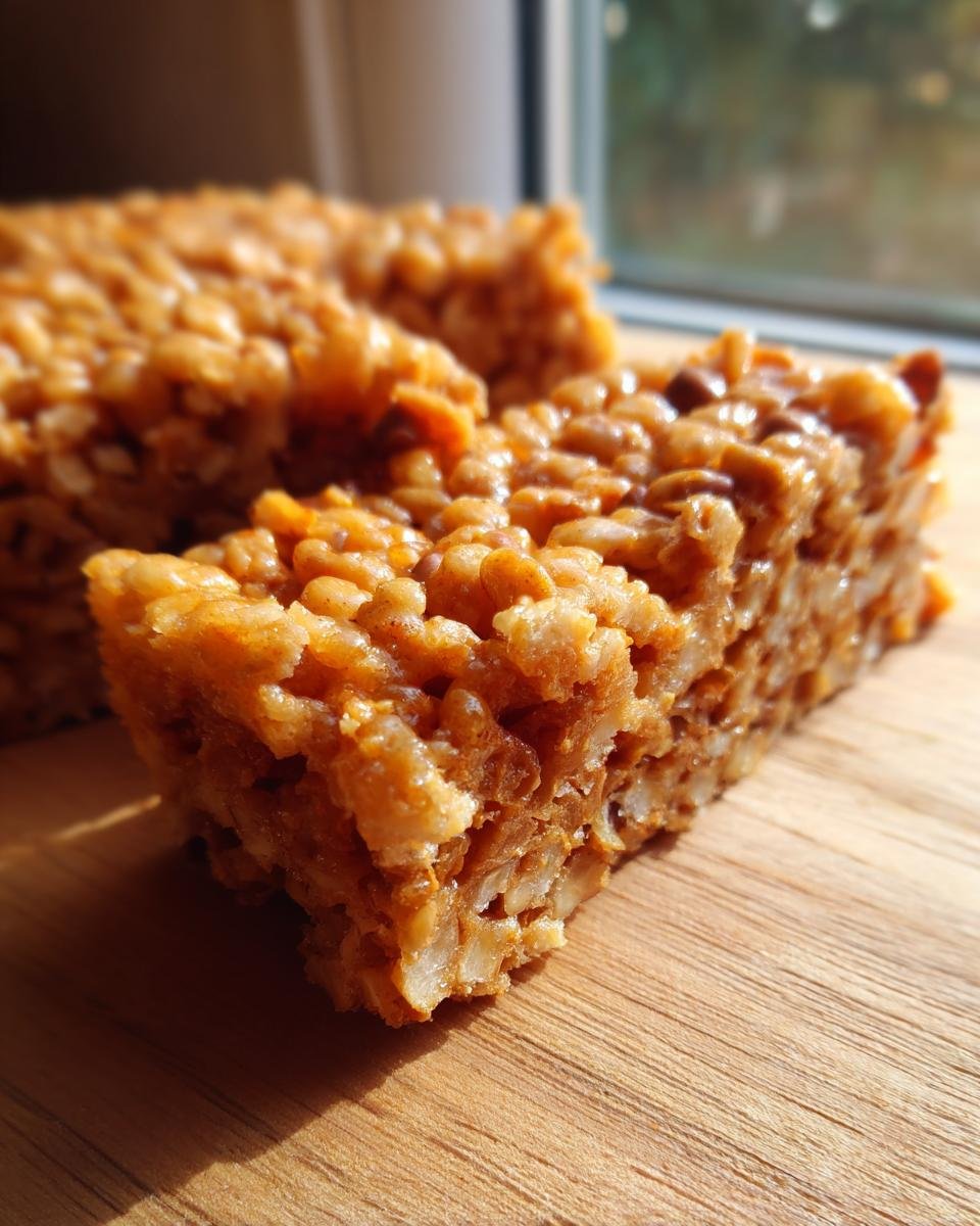 Close-up view of a Tiger Bars Butterscotch Rice Krispie Treat, showing the texture of crispy rice and butterscotch coating.