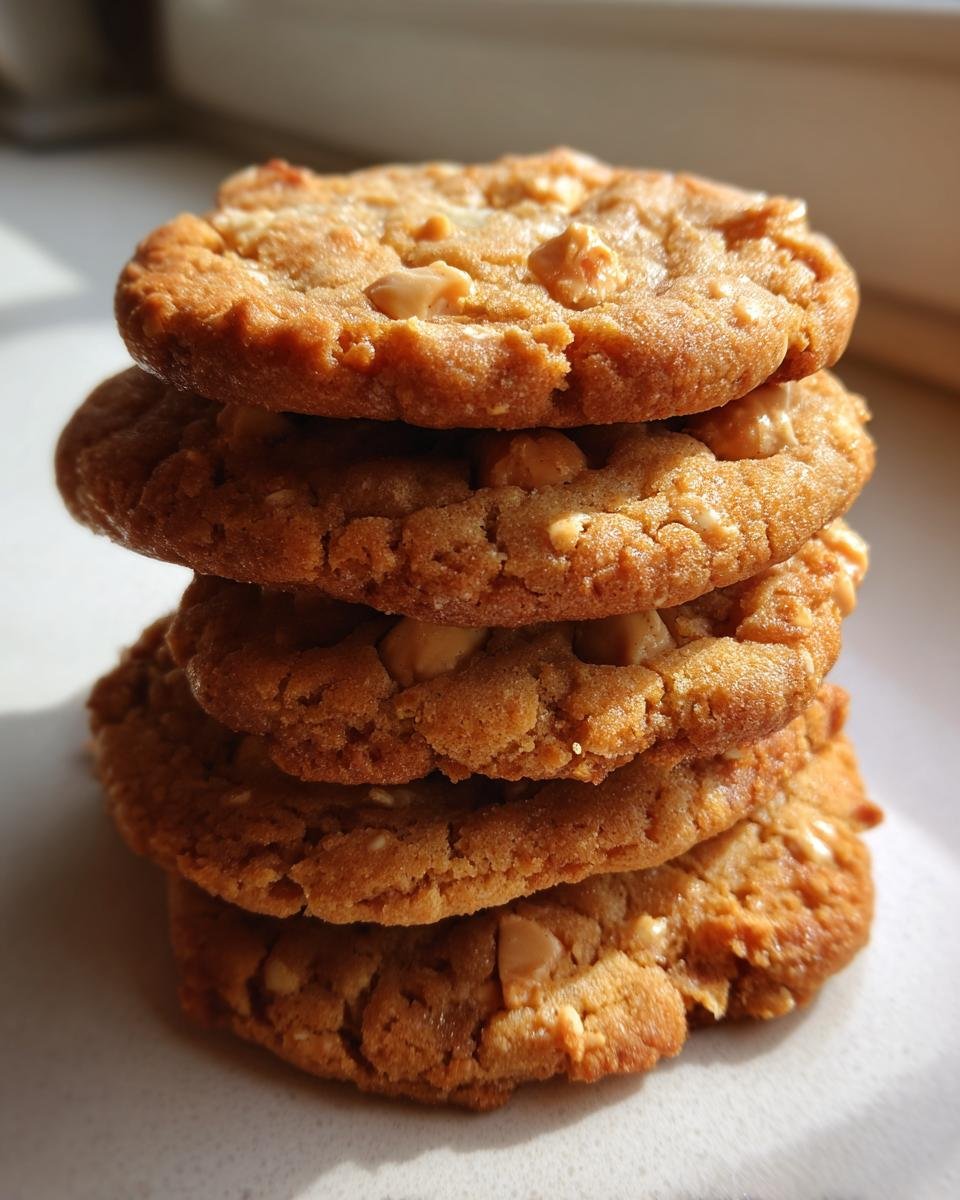A vertical stack of five golden brown Ultimate Peanut Butter Chip Peanut Butter Cookies, featuring visible chips.