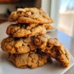 A stack of four soft, golden Ultimate Peanut Butter Chip Peanut Butter Cookies, one broken open revealing the chips.