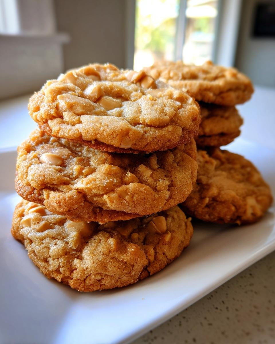 A stack of chewy Ultimate Peanut Butter Chip Peanut Butter Cookies piled high on a white plate.