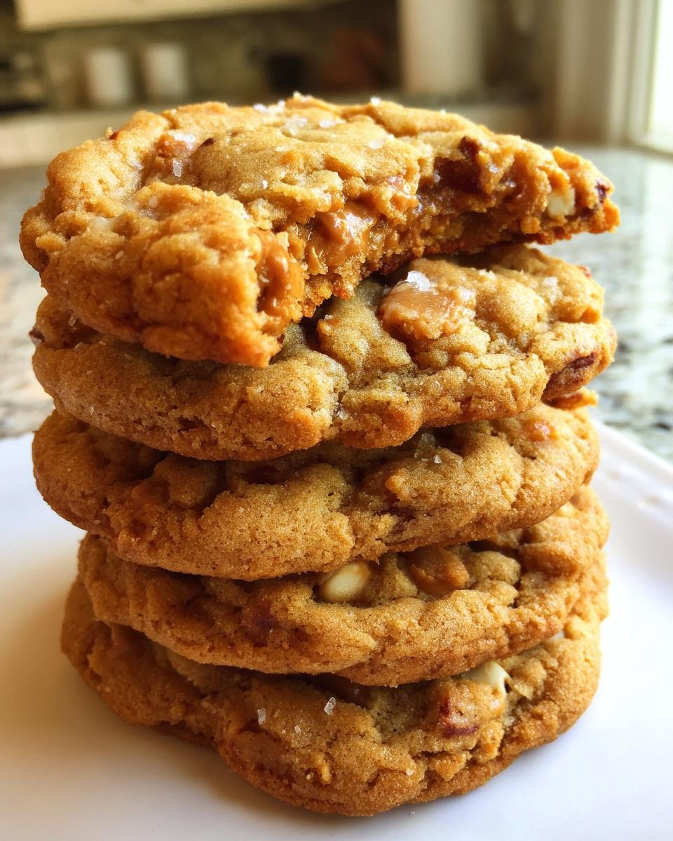 A stack of five Ultimate Peanut Butter Chip Peanut Butter Cookies, with the top one broken open to show the gooey center.
