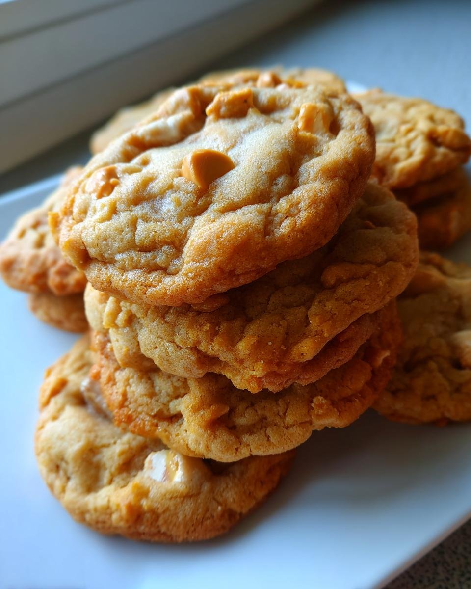 A close-up stack of chewy Ultimate Peanut Butter Chip Peanut Butter Cookies with visible chips.