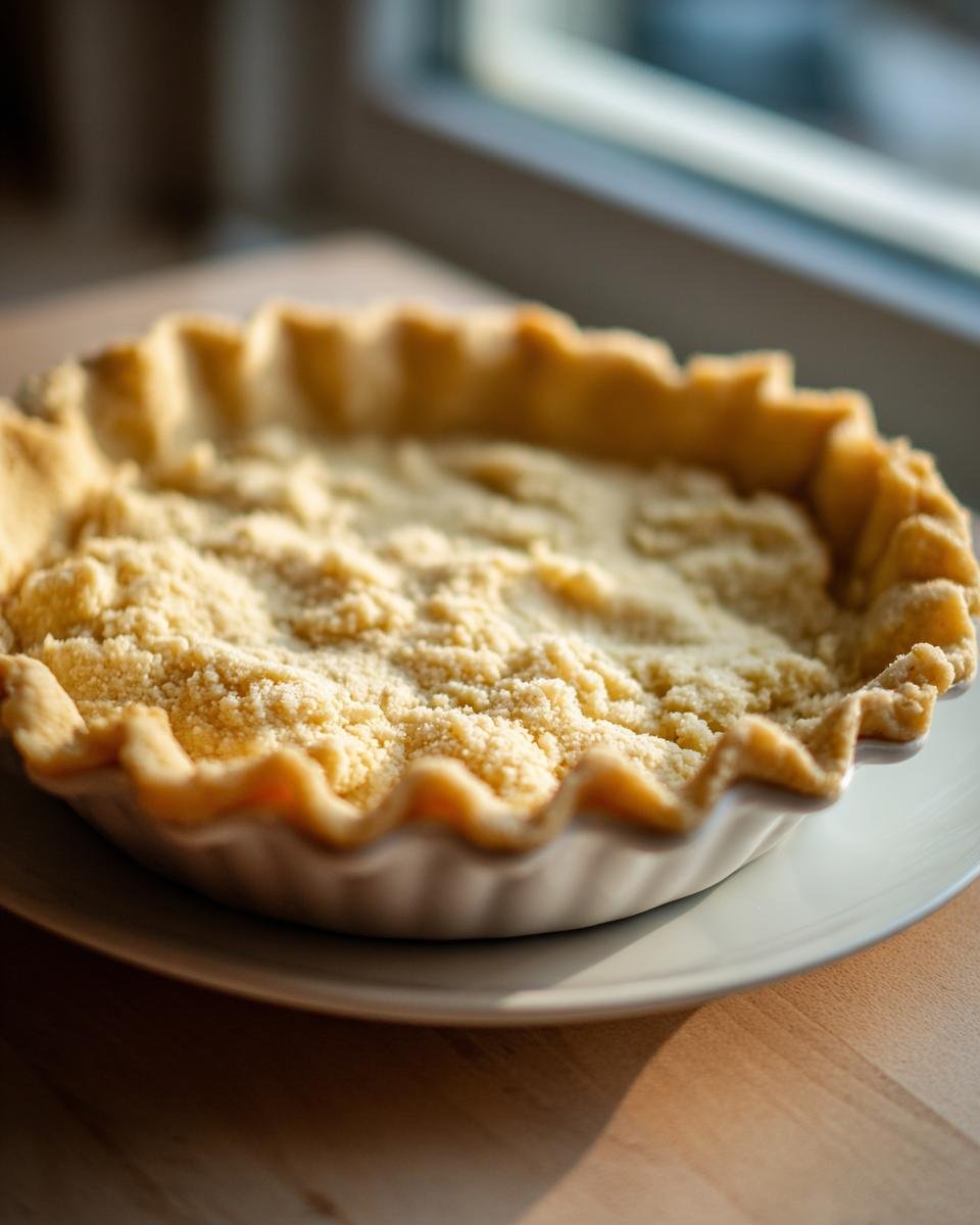 Close-up of an unbaked pie crust with a crumbly texture inside, ready for filling or baking.