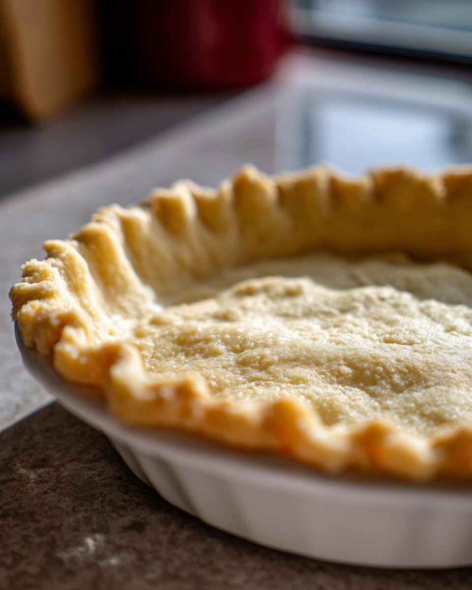 Close-up of an unbaked, crimped Pie Crust resting in a white ceramic pie dish.