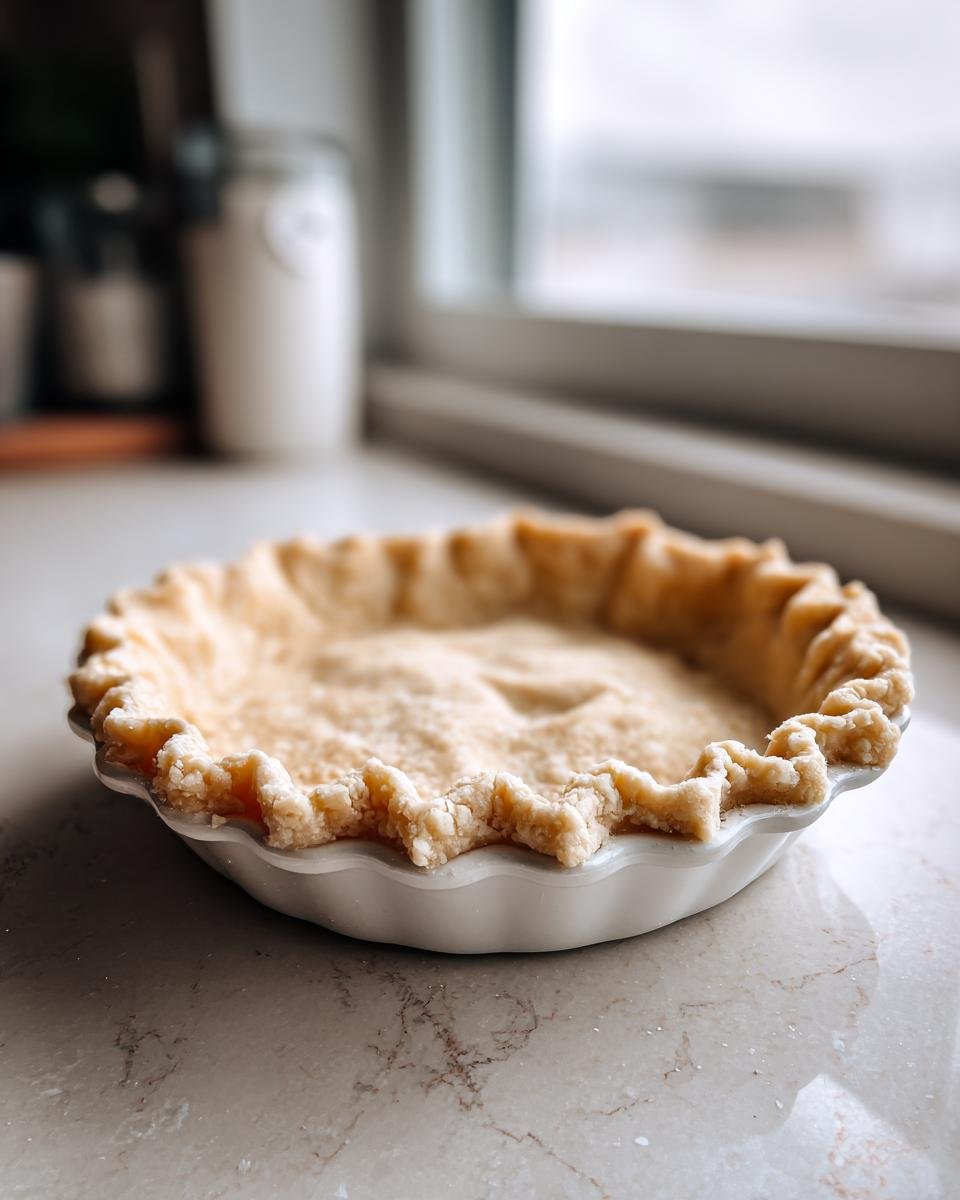 Close-up of an unbaked, crimped Pie Crust resting in a white ceramic pie dish on a marble counter.