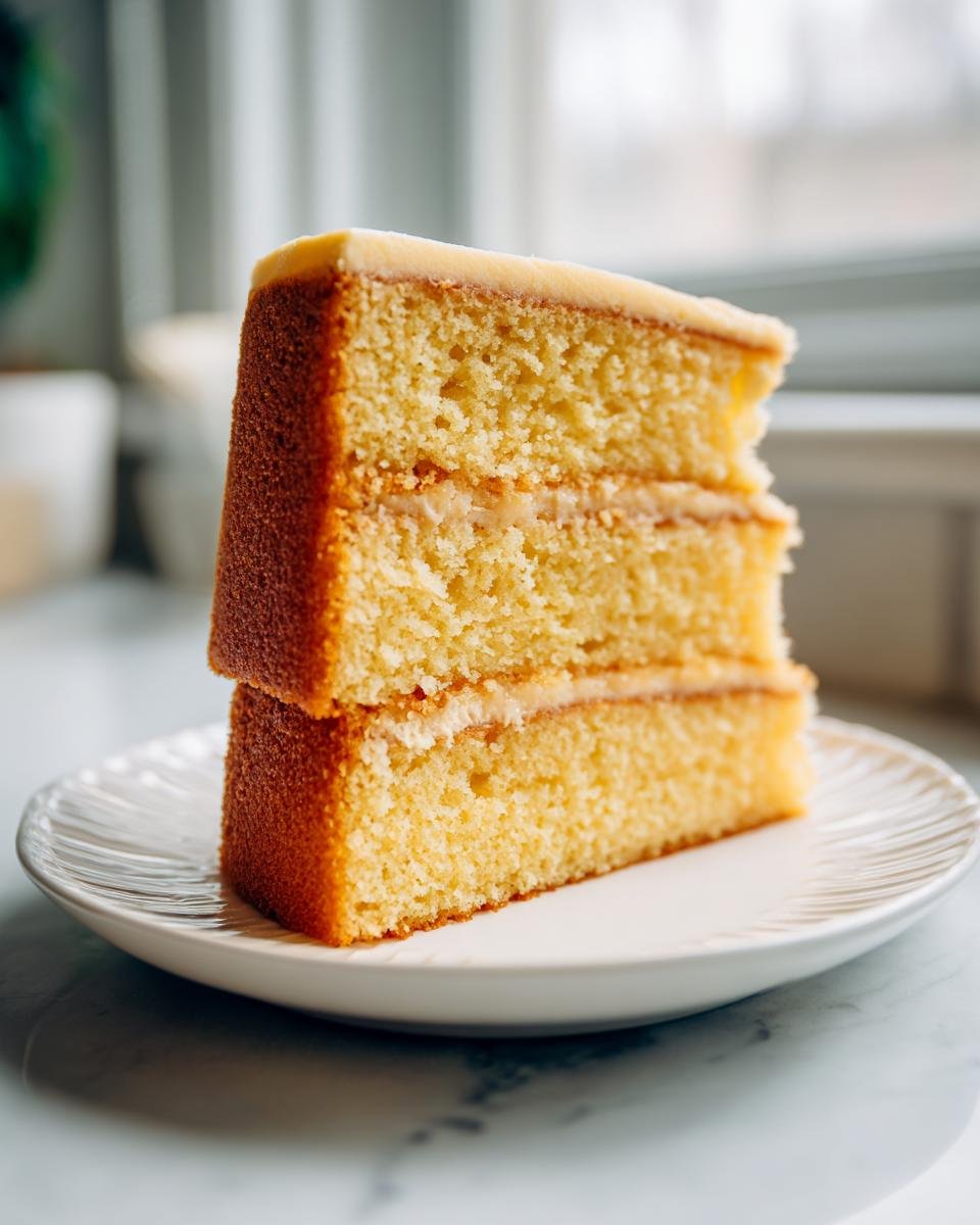 Two slices of perfectly baked vanilla cake stacked on a white plate, showcasing the moist crumb and creamy frosting.