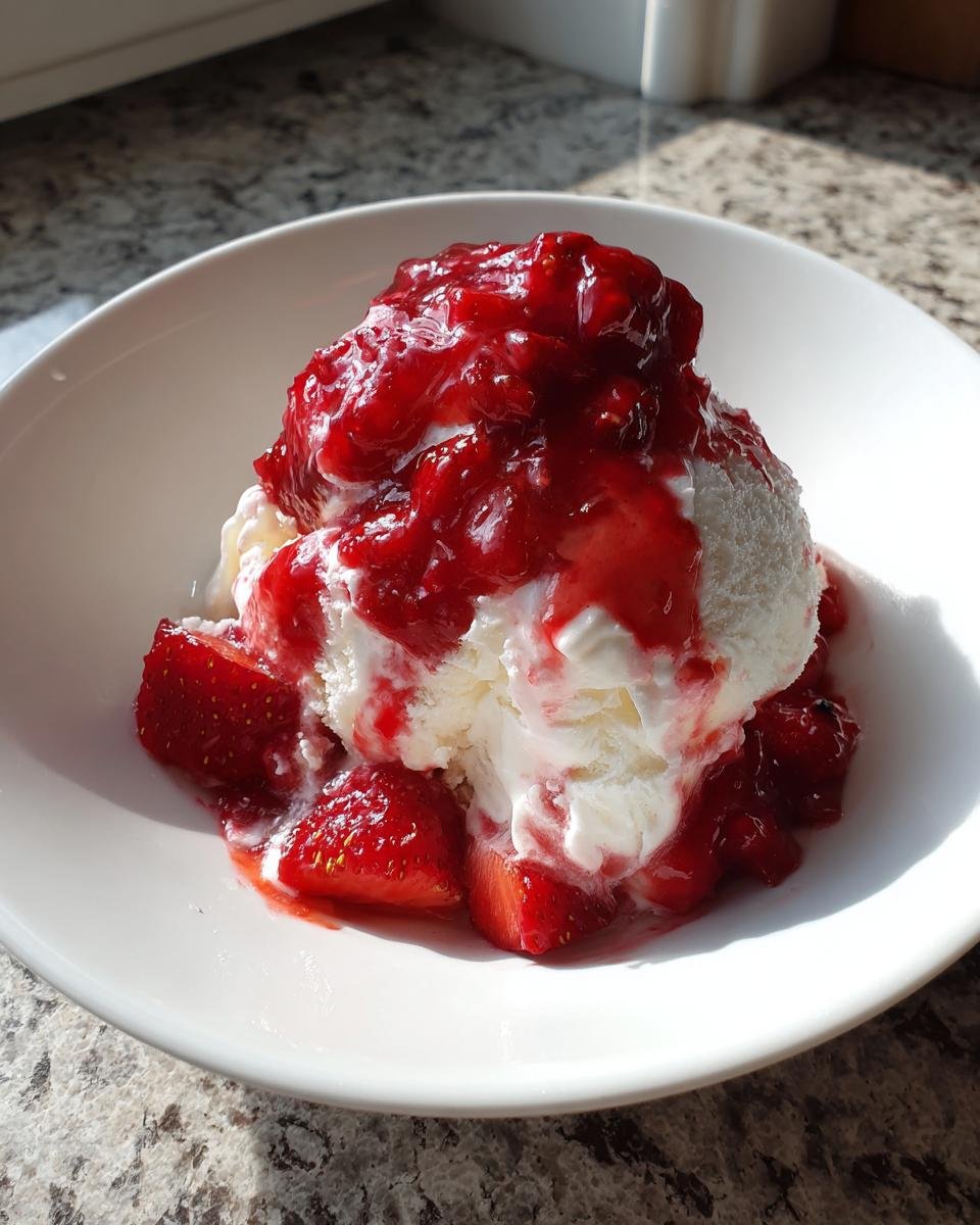 Vanilla ice cream topped generously with bright red Strawberry Sundae Sauce and fresh strawberry pieces in a white bowl.