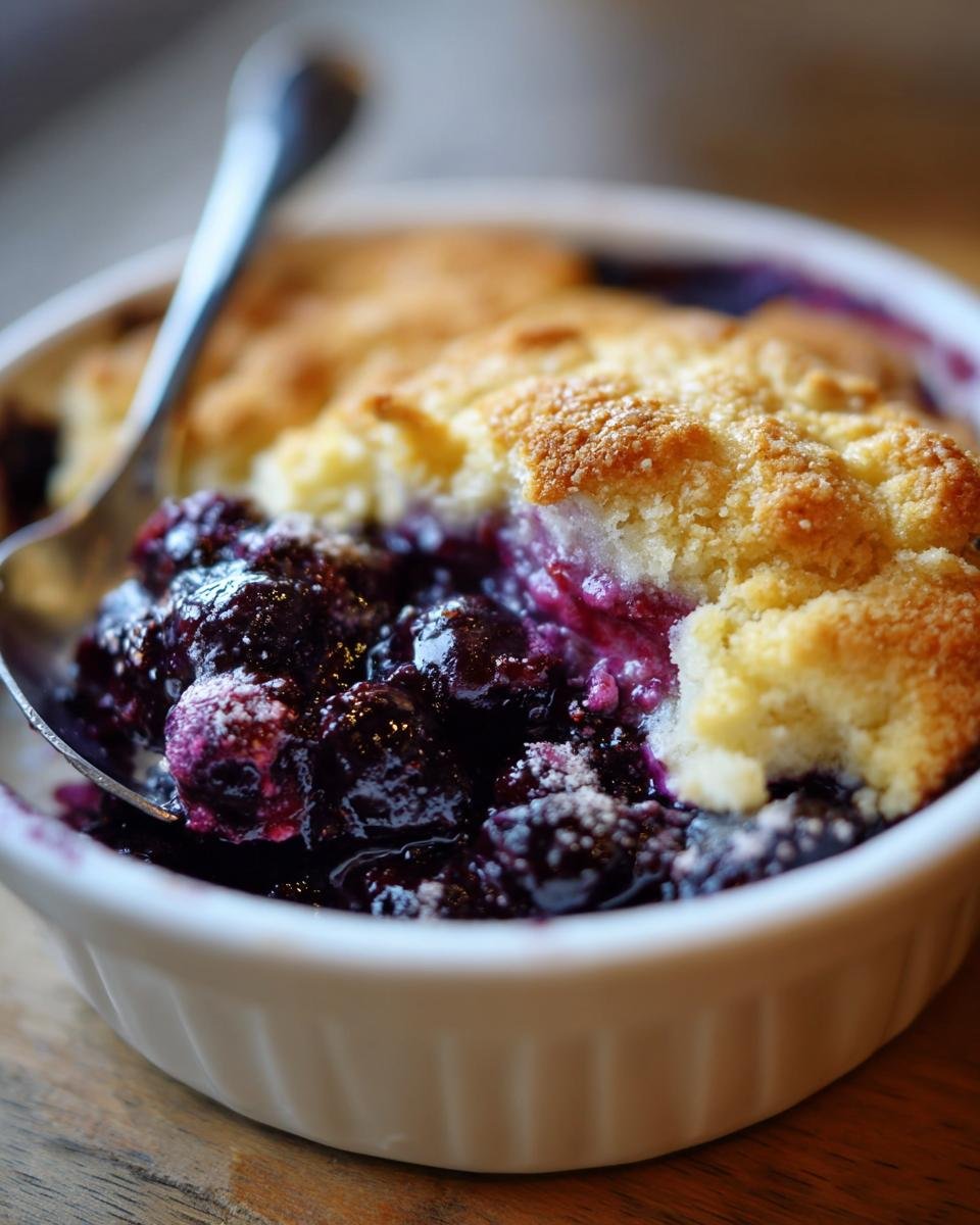 A spoonful of warm Blueberry Cobbler showing bubbling dark berries and a golden, crumbly topping in a white dish.