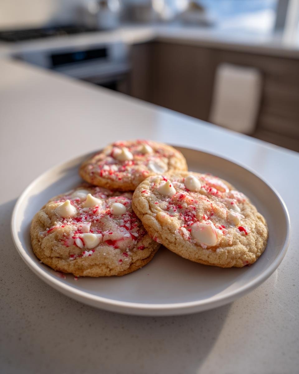 Three freshly baked White Chocolate Candy Cane Cookies topped with white chips and crushed candy cane pieces on a white plate.