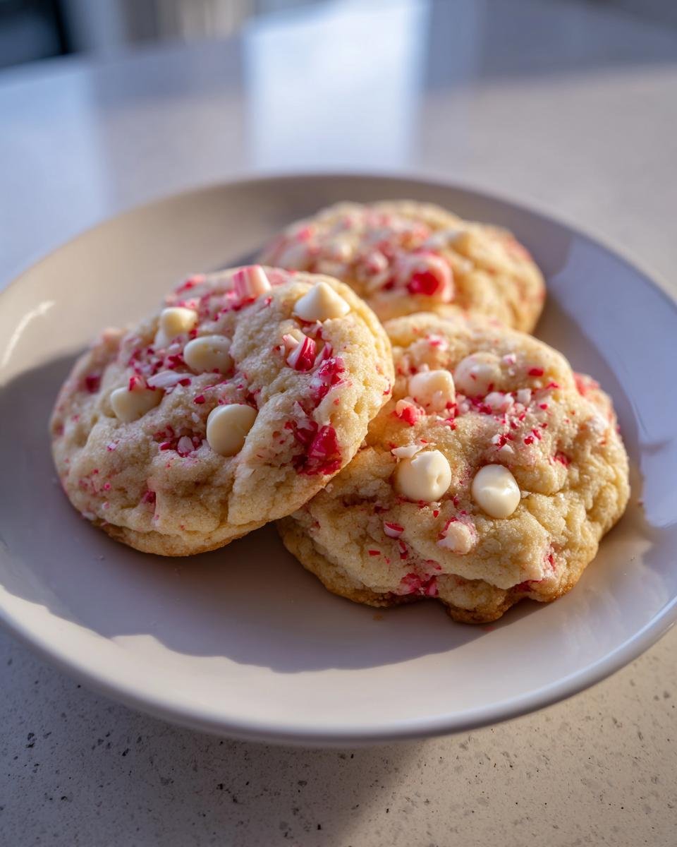 Three soft-baked White Chocolate Candy Cane Cookies topped with white chips and crushed peppermint on a light plate.