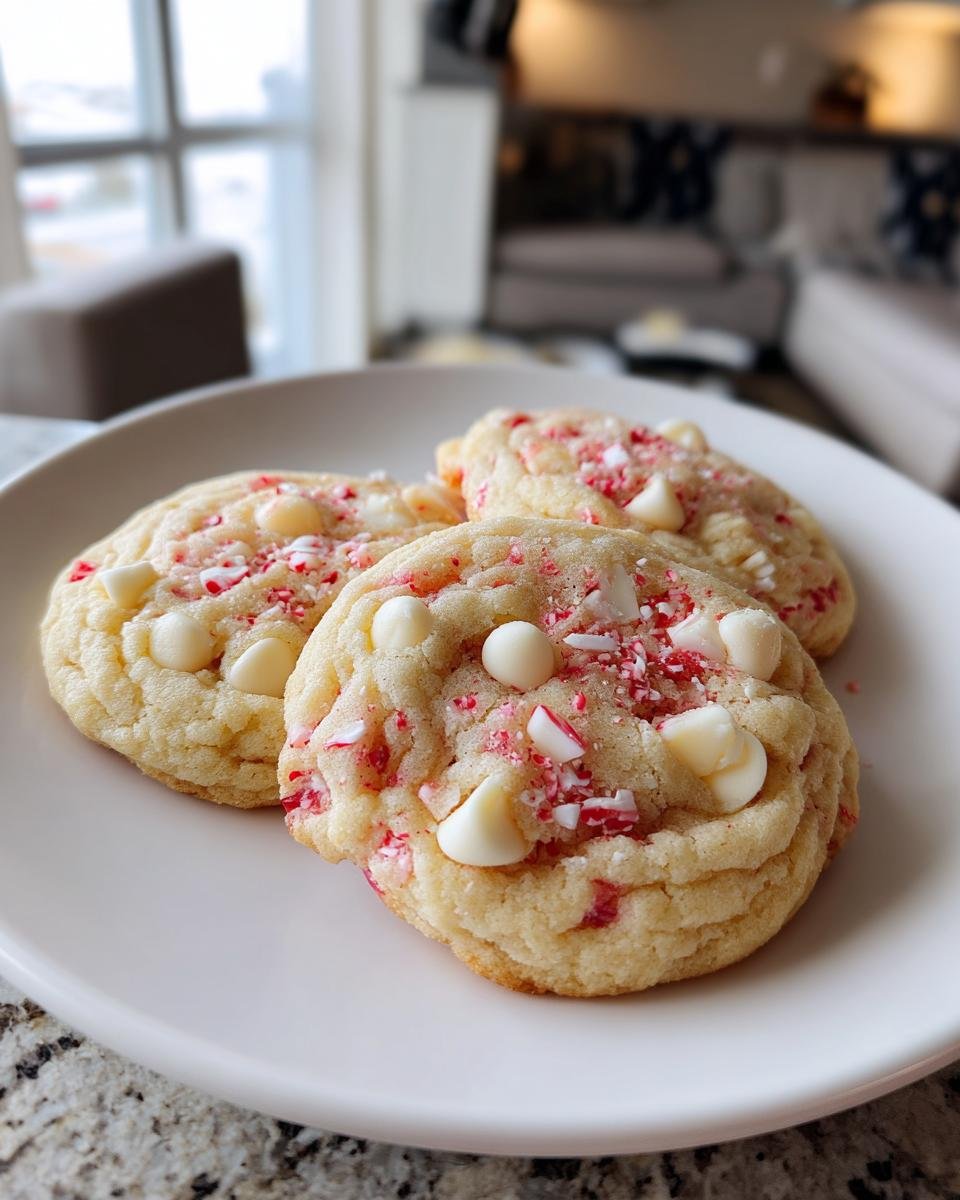 Three freshly baked White Chocolate Candy Cane Cookies topped with white chips and crushed candy cane pieces.