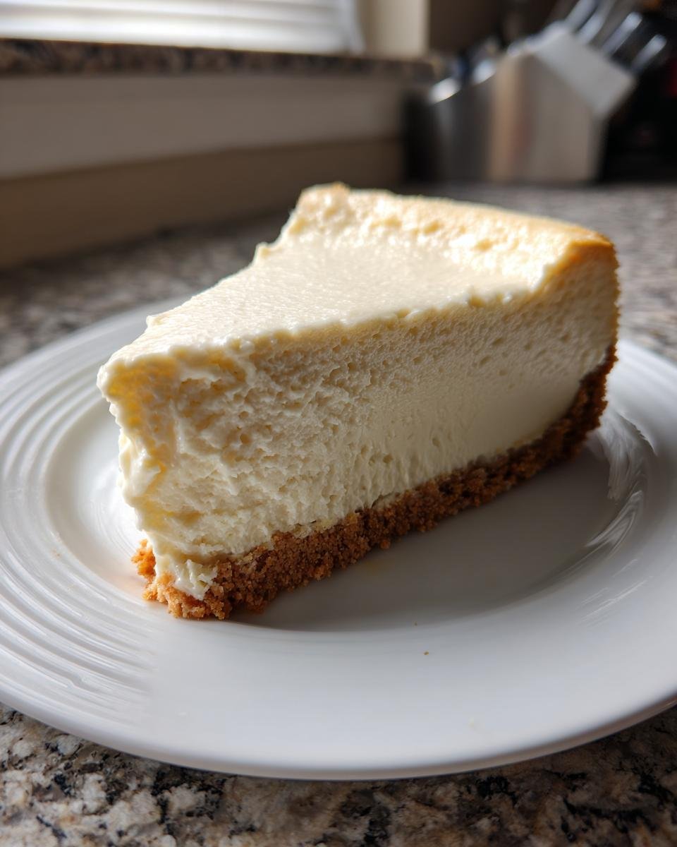 A thick slice of creamy White Chocolate Cheesecake with a graham cracker crust on a white plate.