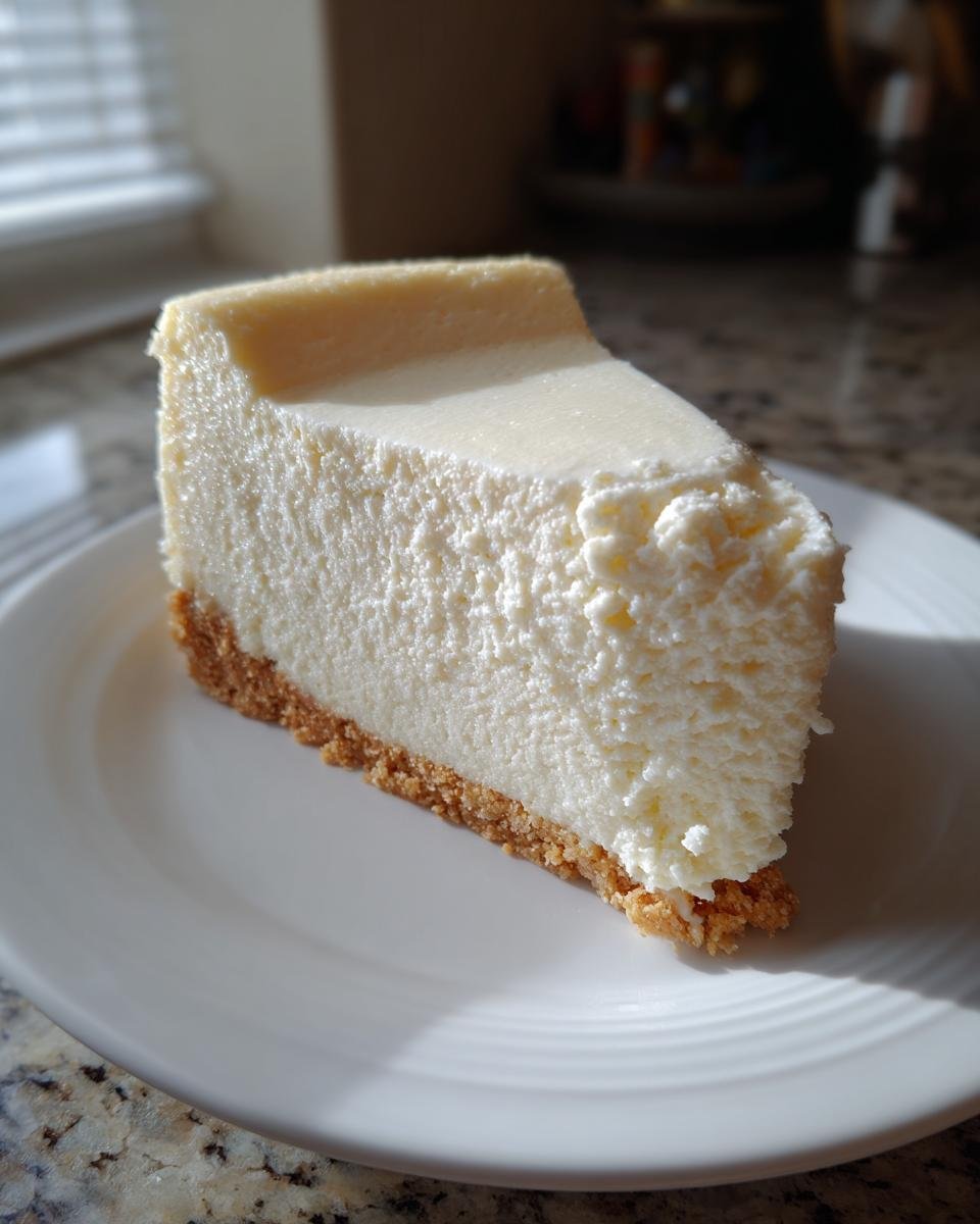 A thick, creamy slice of White Chocolate Cheesecake with a graham cracker crust on a white plate.