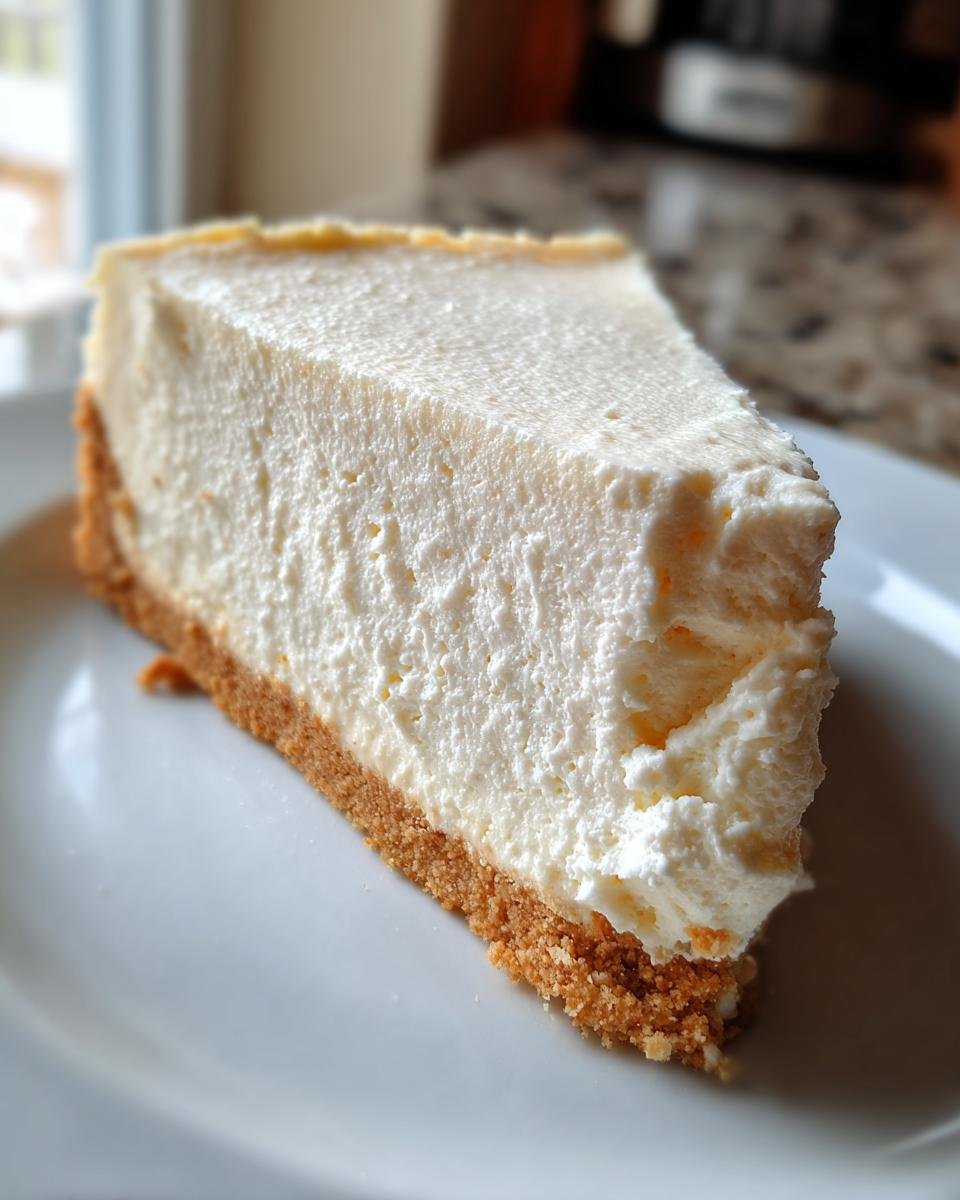 A close-up, tempting slice of creamy White Chocolate Cheesecake with a thick graham cracker crust on a white plate.