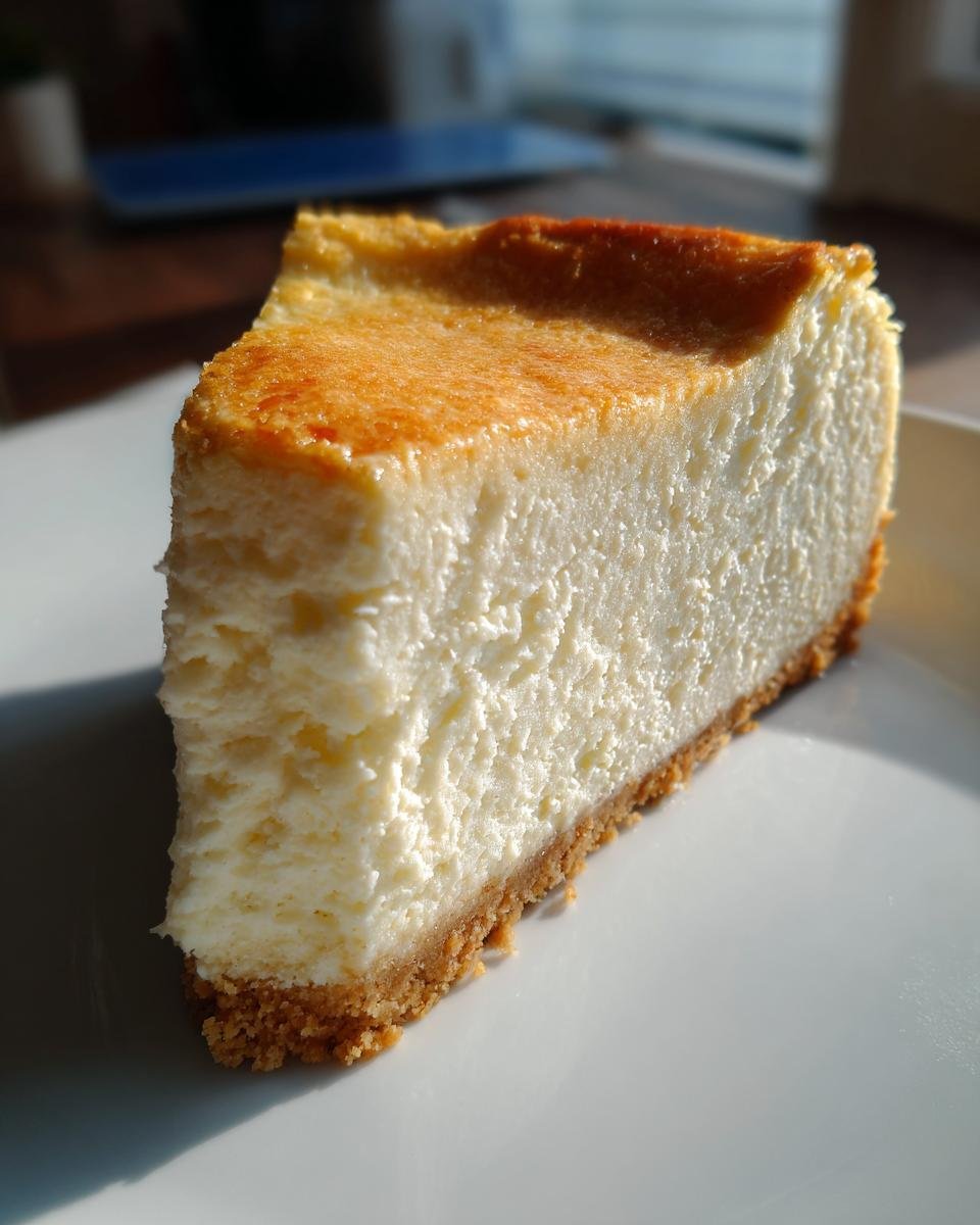 A close-up, sunlit slice of rich White Chocolate Cheesecake with a golden top and graham cracker crust.