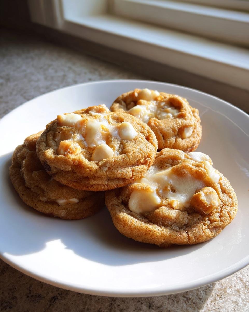 A stack of four soft, golden White Chocolate Macadamia Cookies piled on a white plate near a window.
