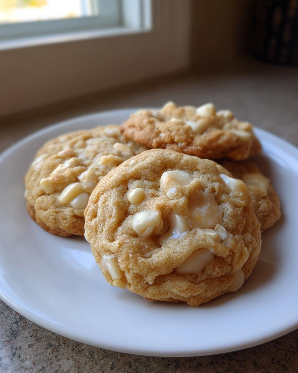 A close-up of several soft, chewy White Chocolate Macadamia Cookies loaded with white chocolate chips on a white plate.
