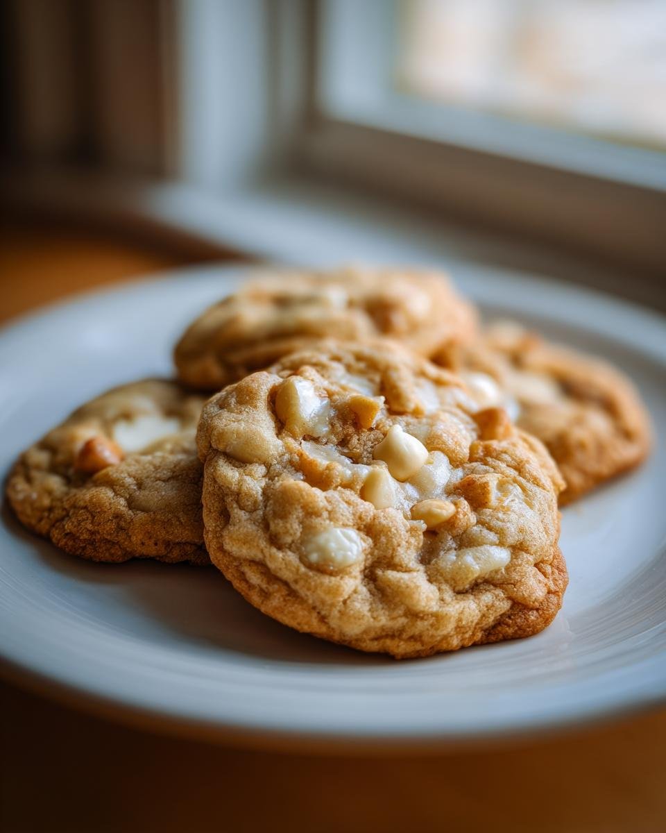 Close-up of several soft, chewy White Chocolate Macadamia Cookies piled on a light plate near a window.
