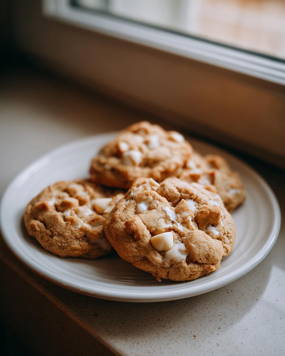 A plate holding several freshly baked White Chocolate Macadamia Cookies with visible white chocolate chunks.