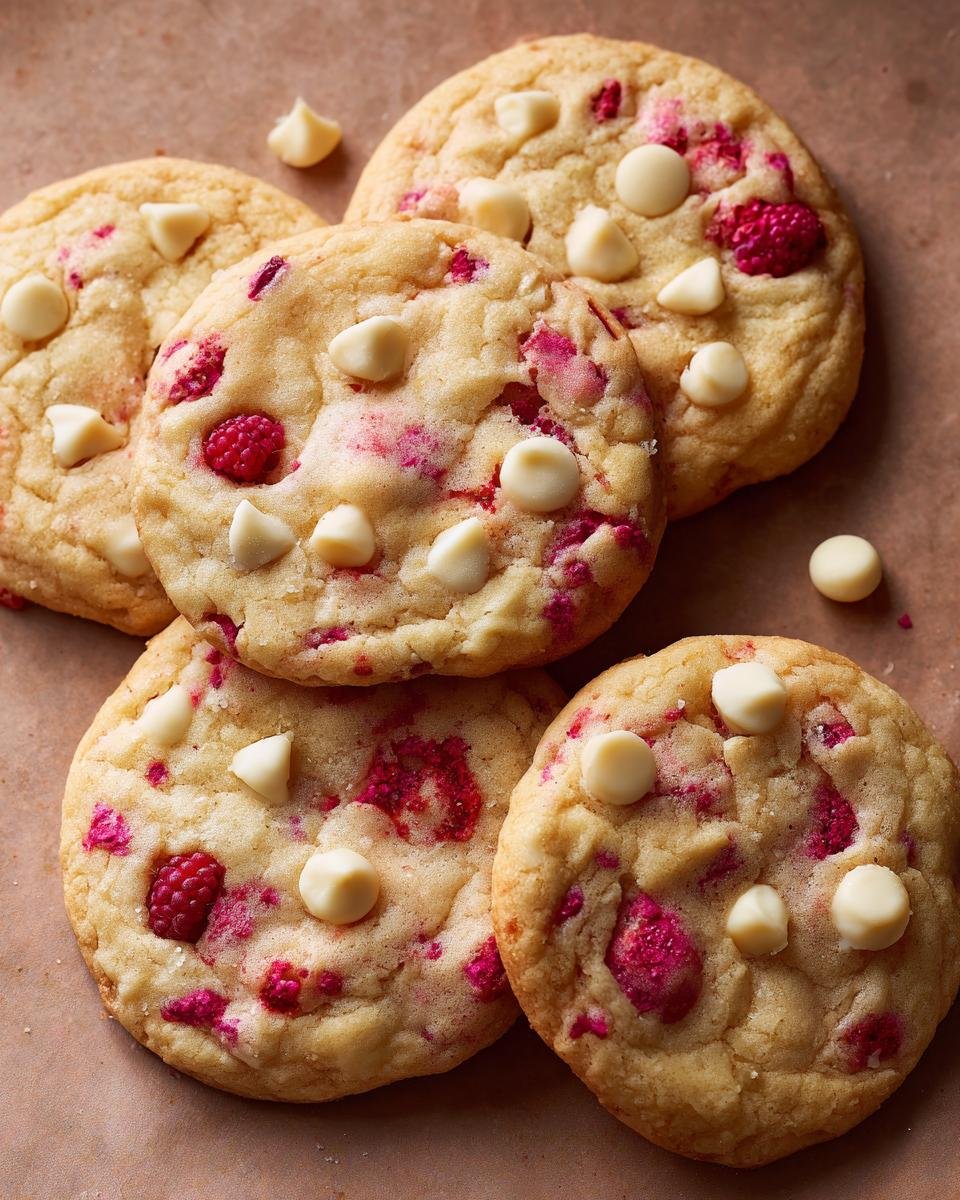 A close-up of several delicious White Chocolate Raspberry Cookies, showcasing chunks of white chocolate and vibrant raspberry pieces.