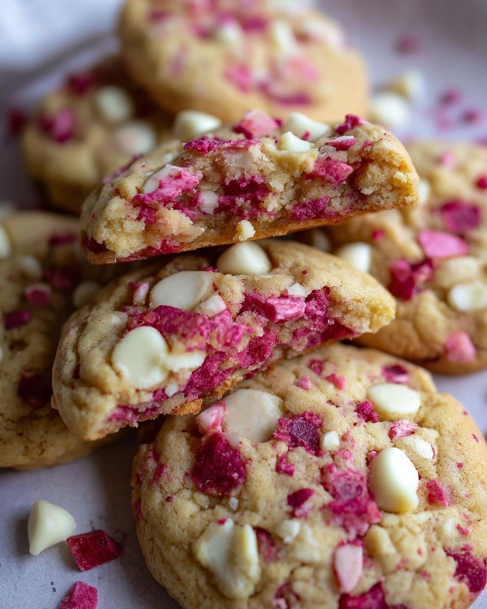 Close-up of a stack of White Chocolate Raspberry Cookies, one broken in half to show the gooey interior.