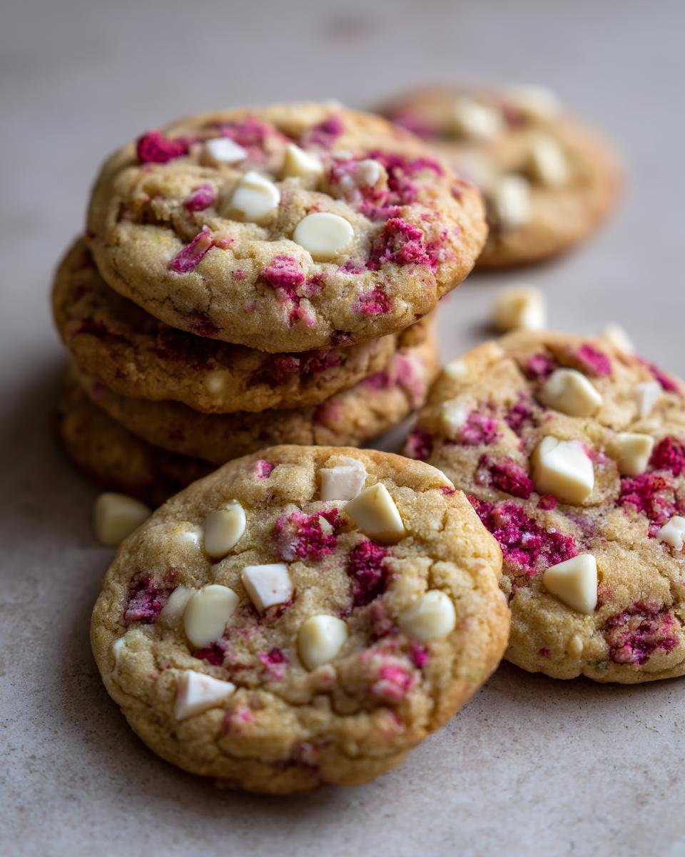 A stack of delicious White Chocolate Raspberry Cookies, with white chocolate chips and pink raspberry pieces visible.