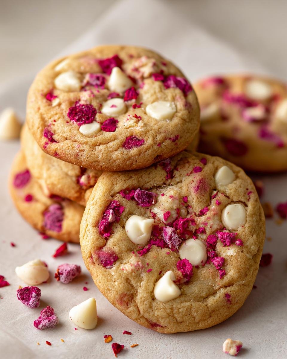 A stack of delicious White Chocolate Raspberry Cookies, showcasing white chocolate chips and vibrant pink raspberry pieces.