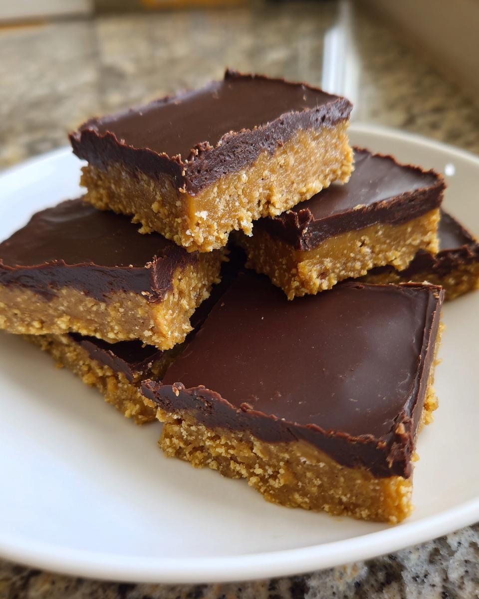 A stack of rich Peanut Butter Chocolate Bars with a thick peanut butter base and smooth chocolate topping on a white plate.