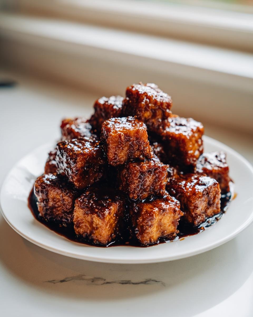 A mound of crispy, glazed tofu cubes coated in a dark, rich sauce, ready to serve for 30 Minute Black Pepper Tofu Crispy Flavorful Delight.