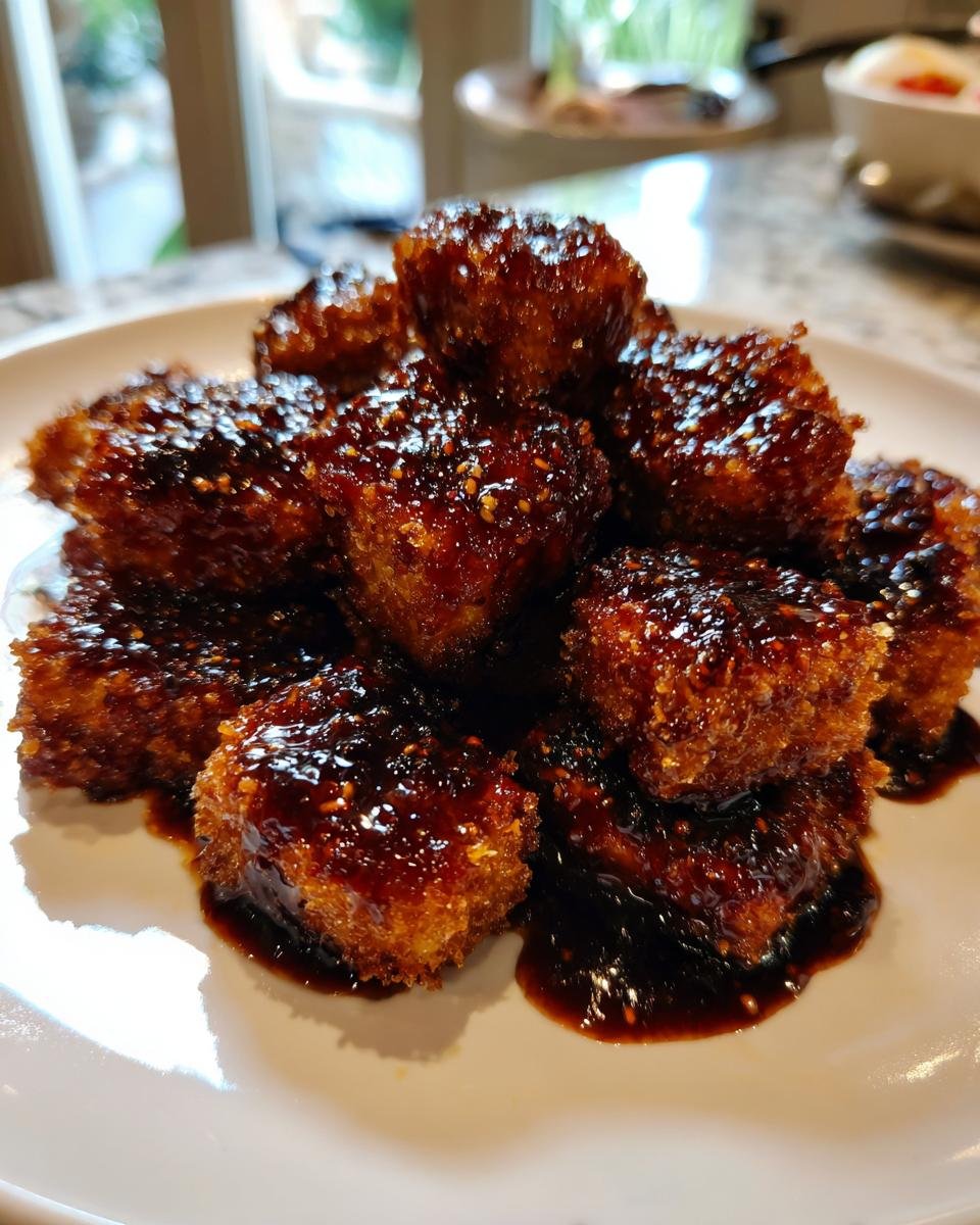 Crispy cubes of tofu coated in a thick, dark black pepper sauce, piled high on a white plate.