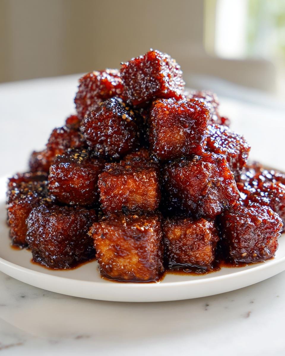A mound of crispy, glazed tofu cubes coated in a dark, savory sauce, ready to eat.