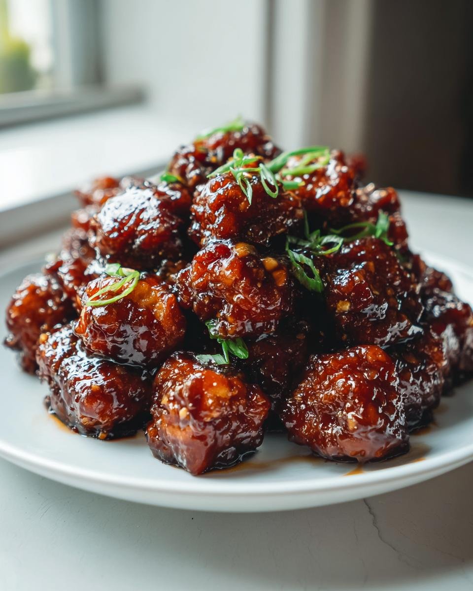 A mound of crispy, glazed tofu pieces coated in a dark, savory sauce, garnished with sliced green onions.