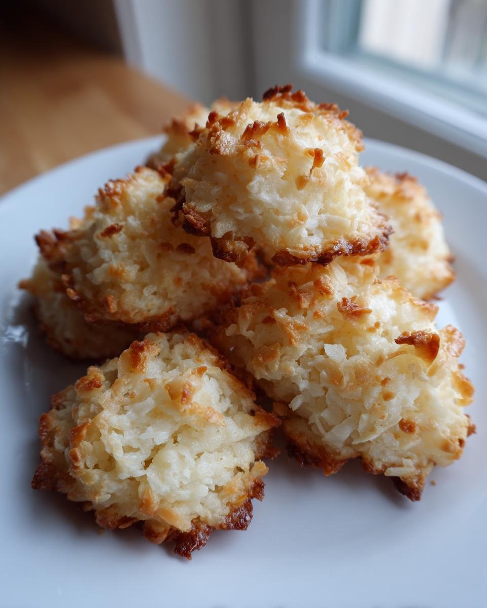 A small pile of freshly baked Coconut Macaroons with toasted edges resting on a white plate.
