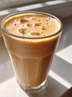 A tall glass filled with a creamy, frothy, light brown frappe, sitting on a white surface next to a window.