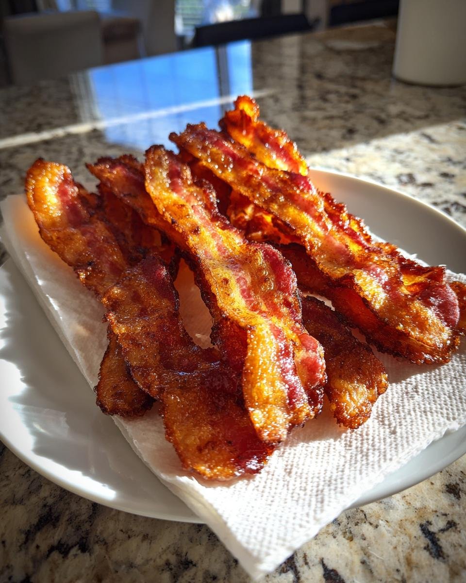 Several perfectly cooked, crispy strips of Air Fryer Bacon resting on a paper towel on a white plate.