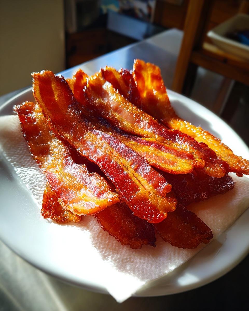 A pile of crispy, caramelized Air Fryer Bacon strips resting on a white paper towel on a white plate.