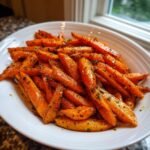 A close-up of a white bowl filled with glossy, seasoned Air Fryer Carrots sprinkled with herbs.