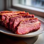 Slices of tender, pink Air Fryer Corned Beef resting on a white plate near a window.