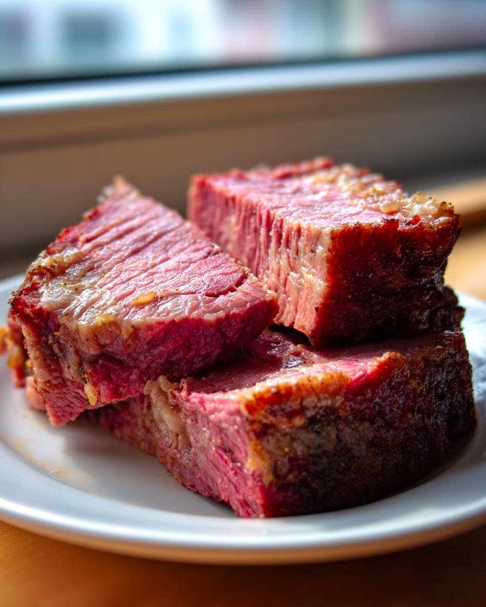 Three thick, juicy slices of pink Air Fryer Corned Beef stacked on a white plate.