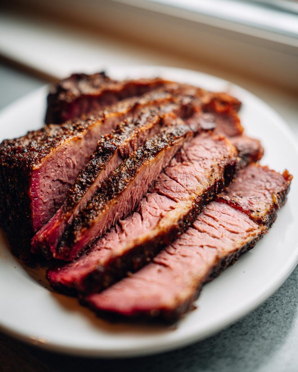 Close-up of thick, juicy slices of Air Fryer Corned Beef with a dark, seasoned crust.