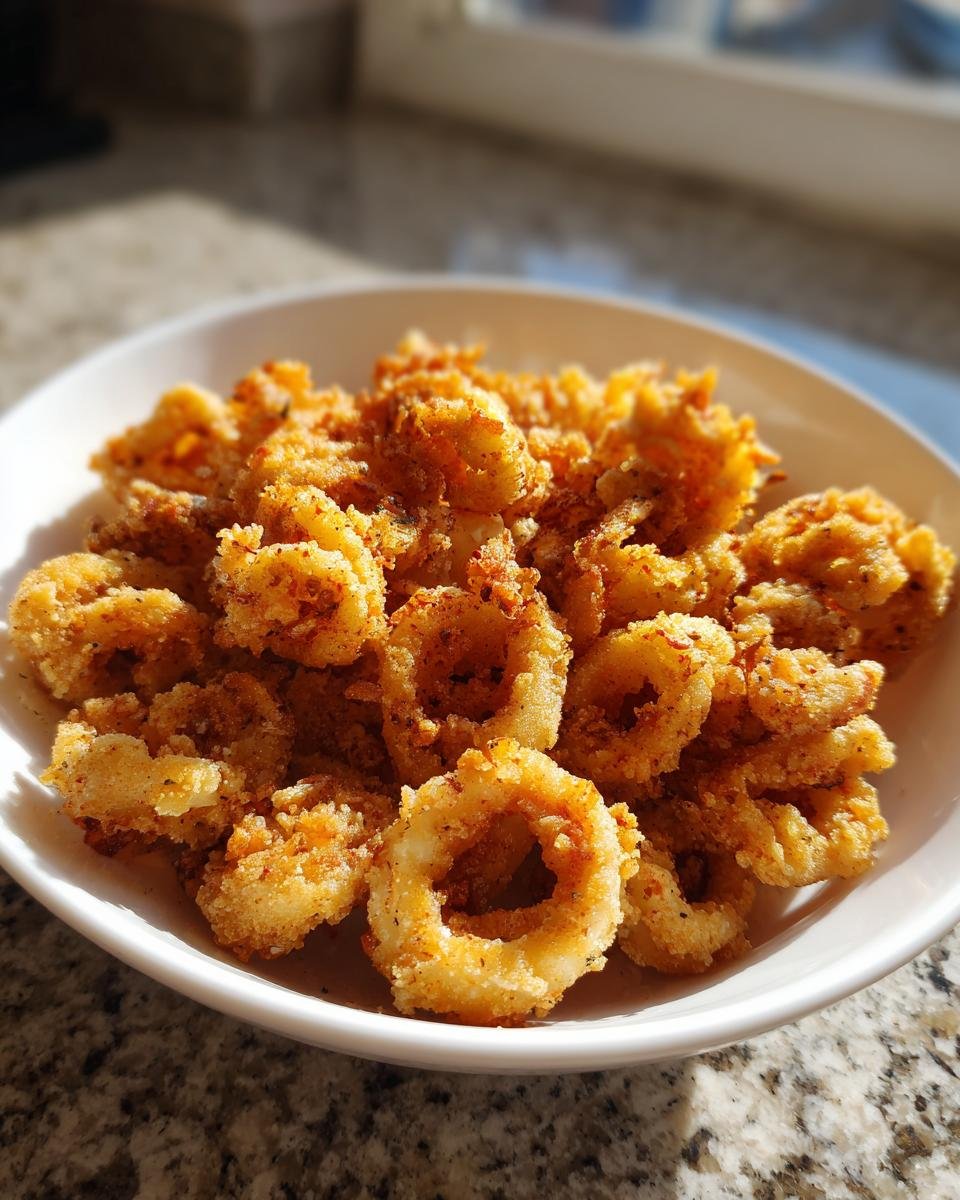 A white bowl filled with golden, crispy Air Fryer Fried Calamari rings, catching bright sunlight.