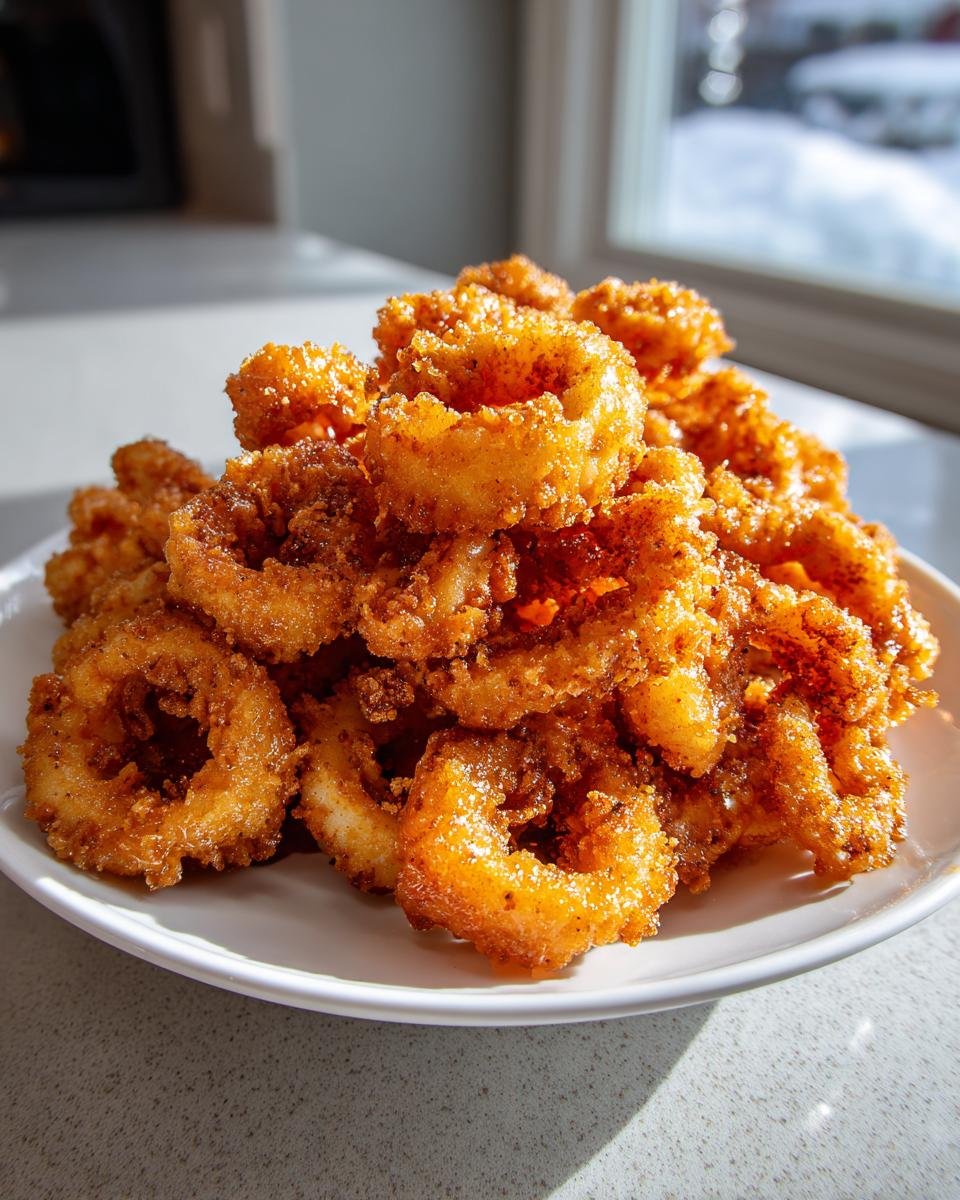 A large pile of crispy, golden Air Fryer Fried Calamari rings served on a white plate.