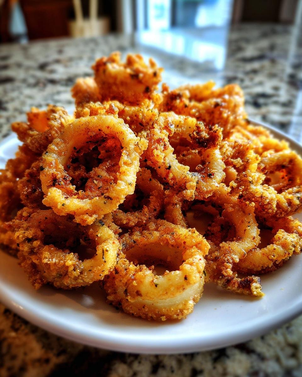 A close-up of a pile of golden, crispy Air Fryer Fried Calamari rings seasoned with herbs and spices.
