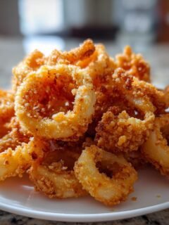 A close-up photo of a mound of golden, crispy Air Fryer Fried Calamari rings piled high on a white plate.