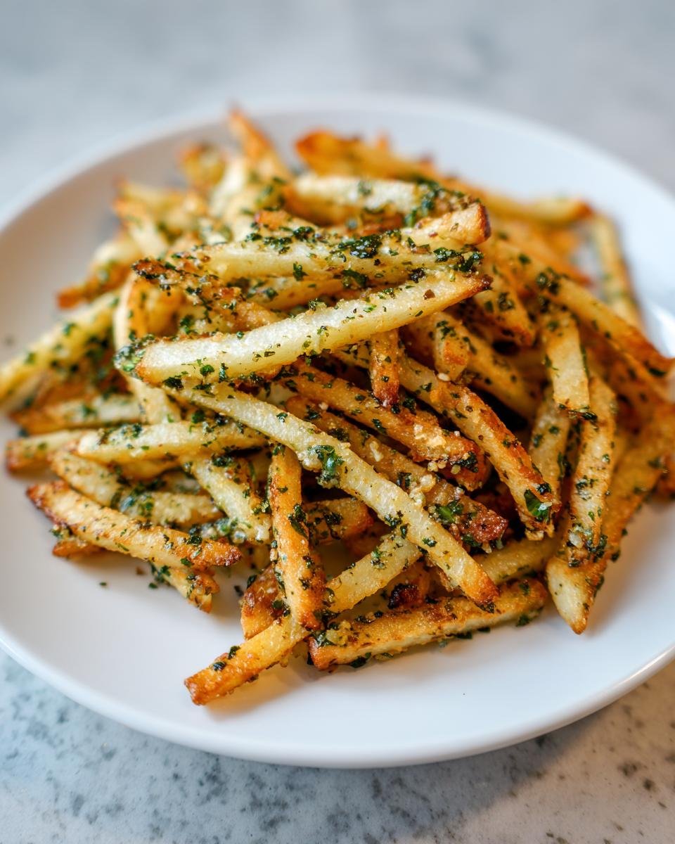 A close-up of golden, crispy Air Fryer Garlic Herb Yucca Fries seasoned heavily with green herbs.