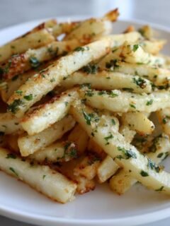 A close-up of golden Air Fryer Garlic Herb Yucca Fries seasoned with parsley and garlic, piled on a white plate.