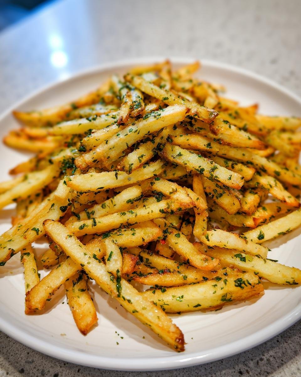 A generous pile of golden brown Air Fryer Garlic Herb Yucca Fries seasoned with visible green herbs on a white plate.